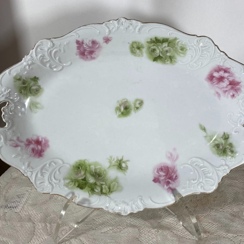 Vintage Hermann Ohme Élyseé Oval Platter- Pink & Green Underglaze Roses On White